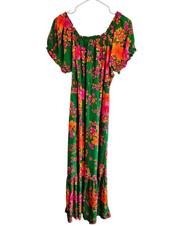 Vintage Pomare Tahiti Hawaiian Maxi Dress Green Hibiscus Puff Sleeve S/M 60s 70s - Picture 2 of 6